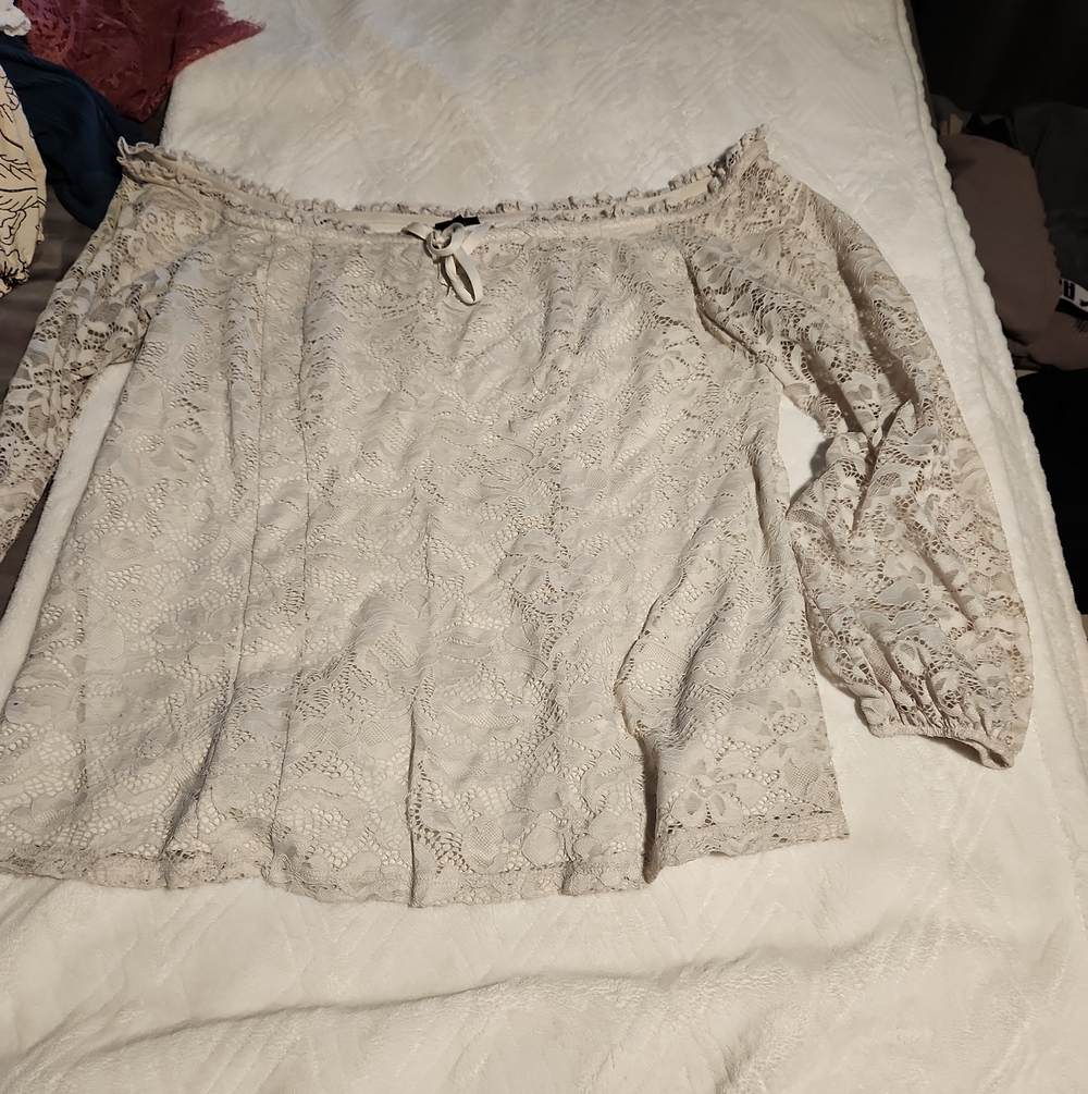 torrid Lace Off-Shoulder Blouse in Light Taupe